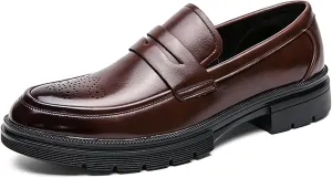 Men's Leather Brogue Platform Slip On Loafers Fashion Round Toe Chunky Heel Non-Slip Lug Sole Dress Shoes Casual Business Work Penny Loafers