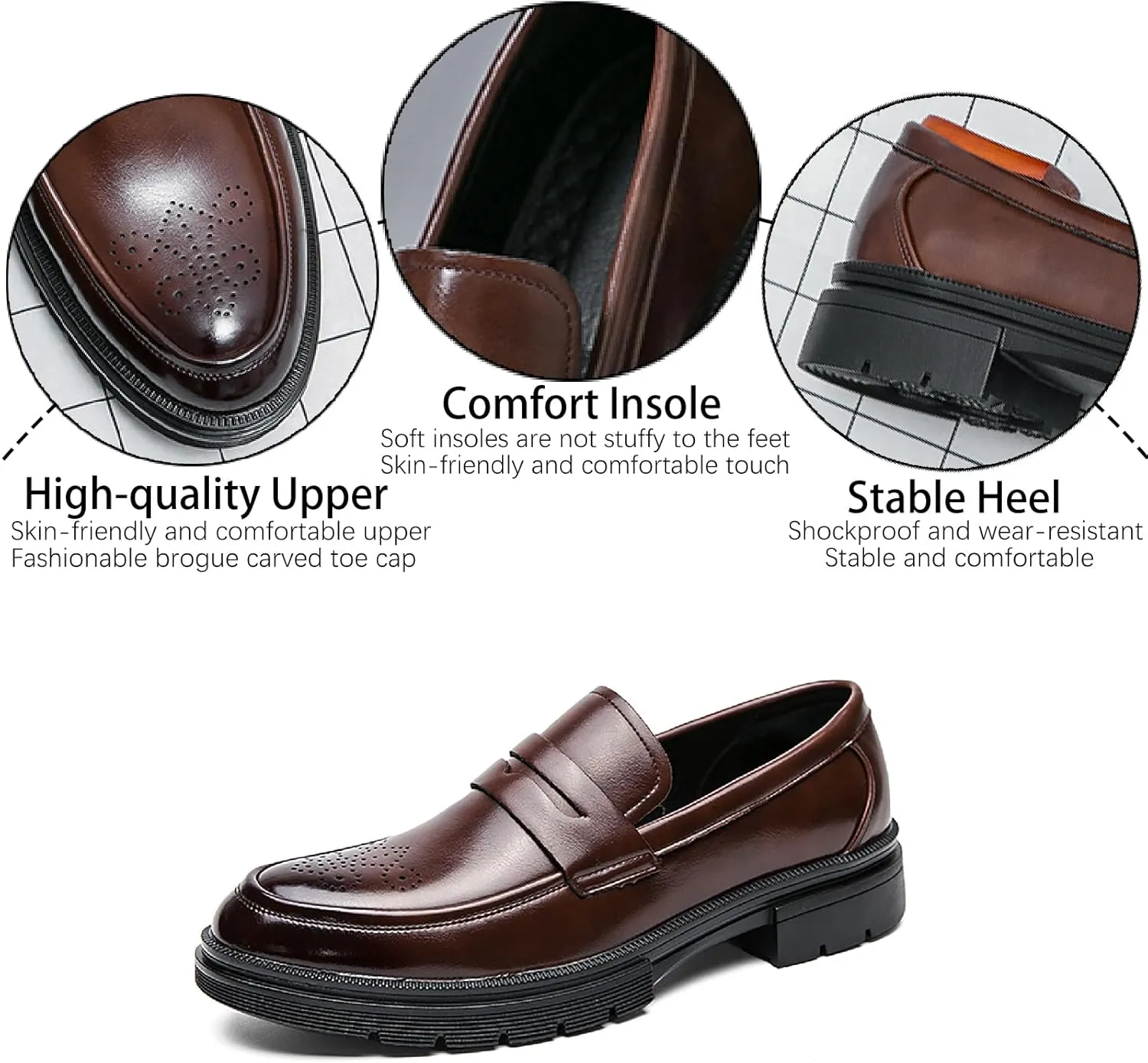 Men's Leather Brogue Platform Slip On Loafers Fashion Round Toe Chunky Heel Non-Slip Lug Sole Dress Shoes Casual Business Work Penny Loafers