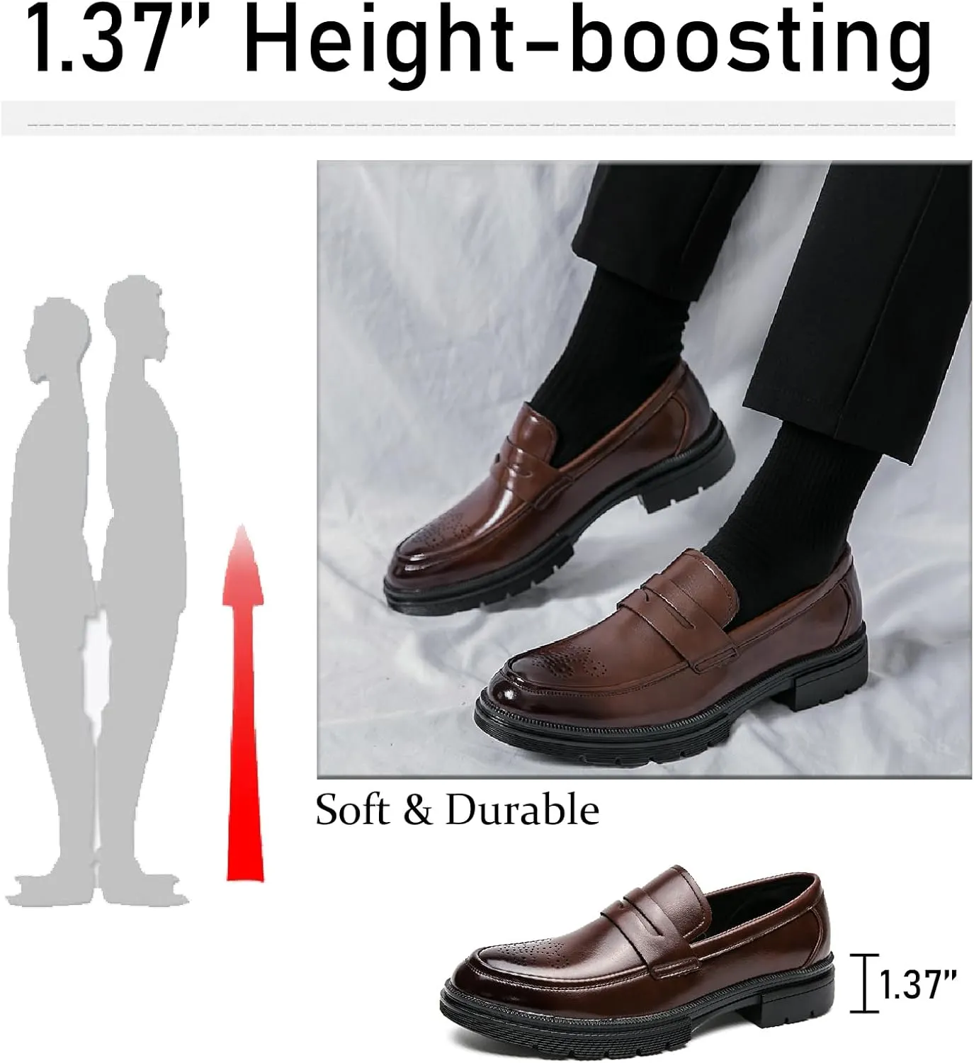 Men's Leather Brogue Platform Slip On Loafers Fashion Round Toe Chunky Heel Non-Slip Lug Sole Dress Shoes Casual Business Work Penny Loafers