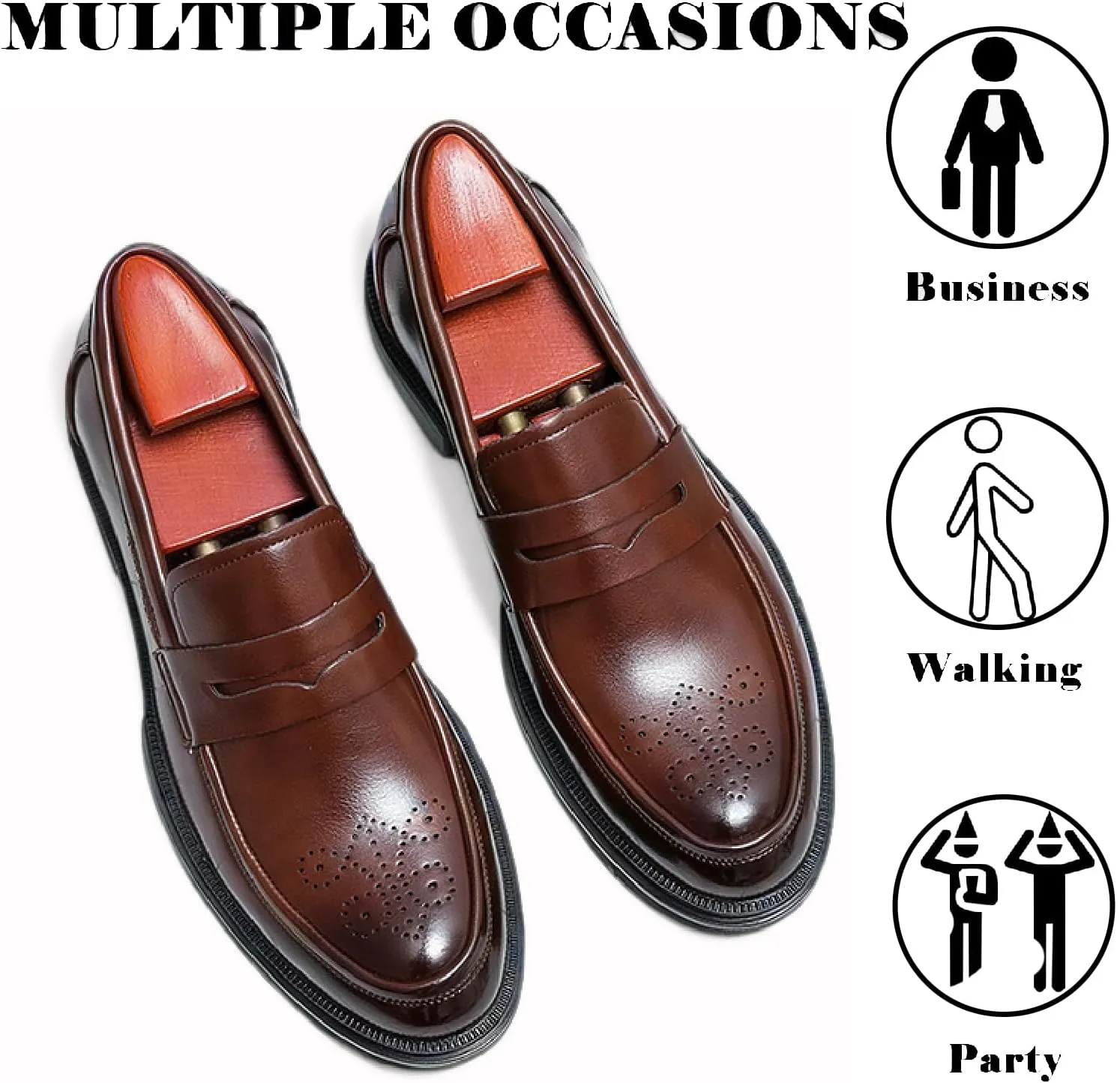 Men's Leather Brogue Platform Slip On Loafers Fashion Round Toe Chunky Heel Non-Slip Lug Sole Dress Shoes Casual Business Work Penny Loafers