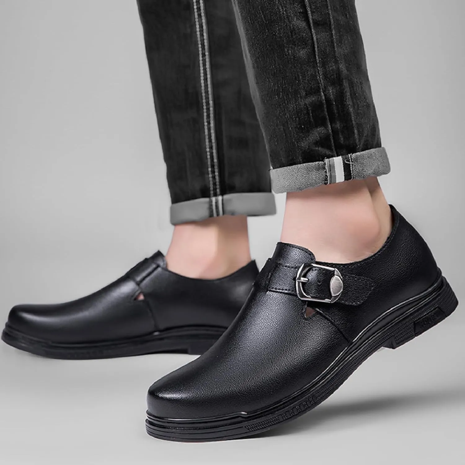 Mens Leather Buckle Strap Penny Loafers Comfort Pointed Toe Faux Fur Lining Slip On Anti-Slip Formal Flats Business Work Party Casual Shoes