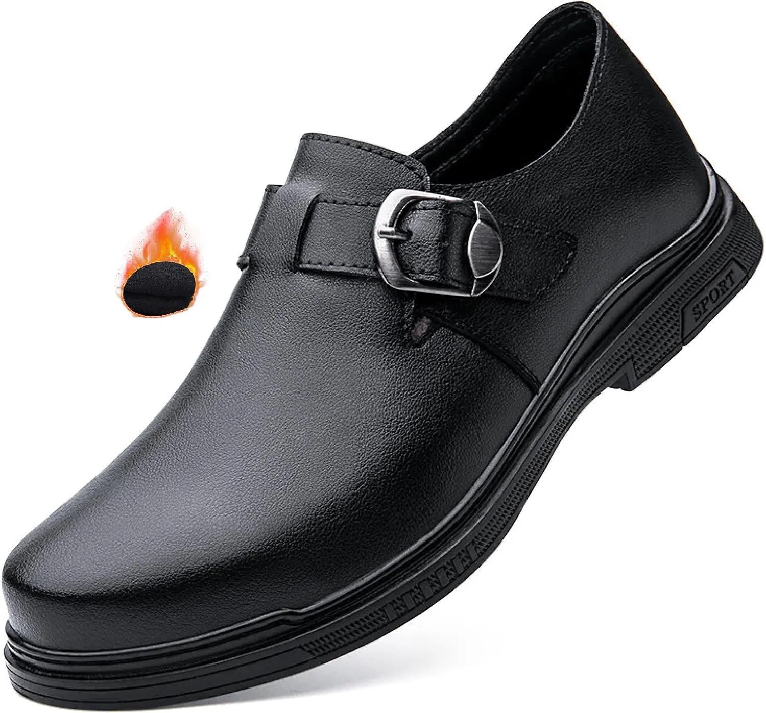 Mens Leather Buckle Strap Penny Loafers Comfort Pointed Toe Faux Fur Lining Slip On Anti-Slip Formal Flats Business Work Party Casual Shoes