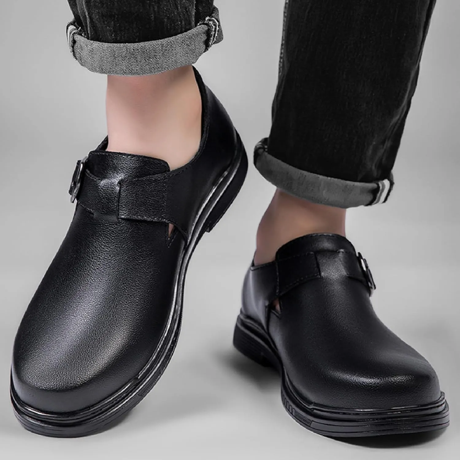Mens Leather Buckle Strap Penny Loafers Comfort Pointed Toe Faux Fur Lining Slip On Anti-Slip Formal Flats Business Work Party Casual Shoes