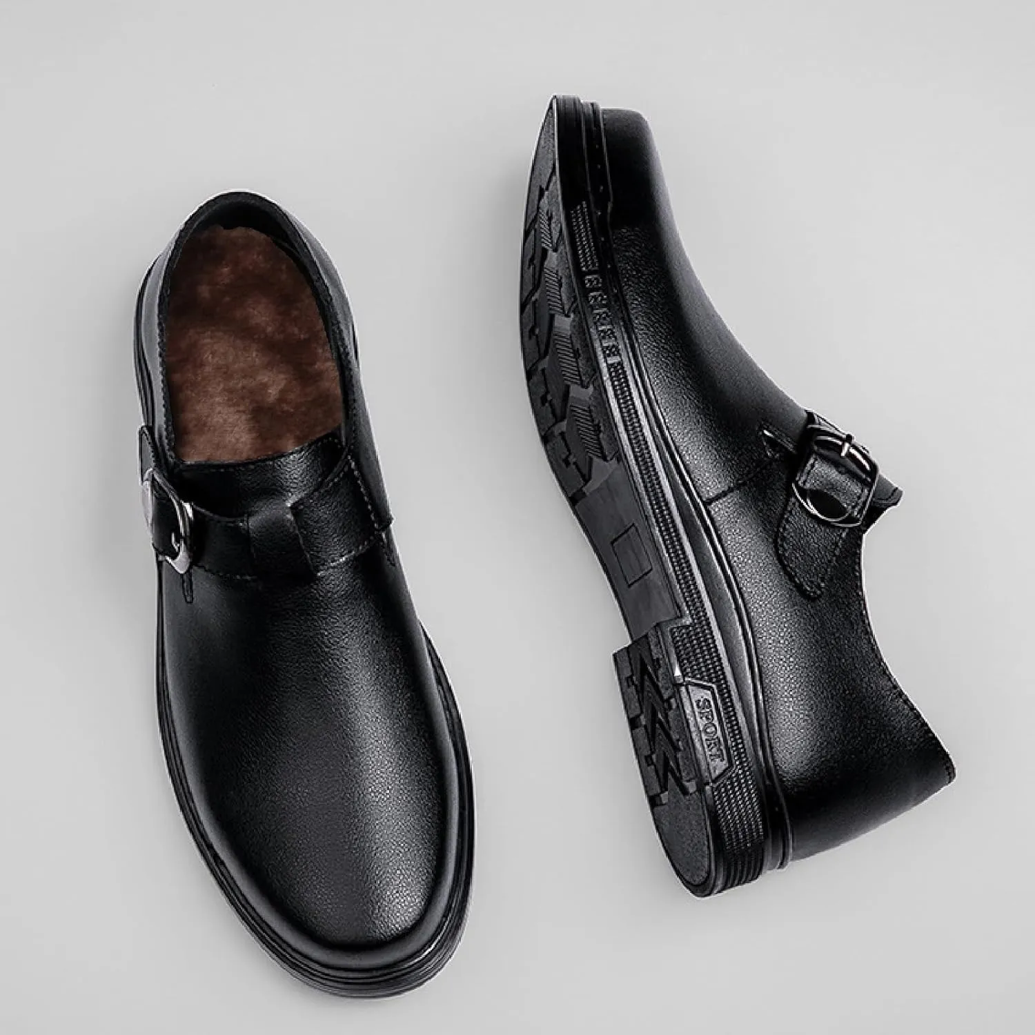 Mens Leather Buckle Strap Penny Loafers Comfort Pointed Toe Faux Fur Lining Slip On Anti-Slip Formal Flats Business Work Party Casual Shoes