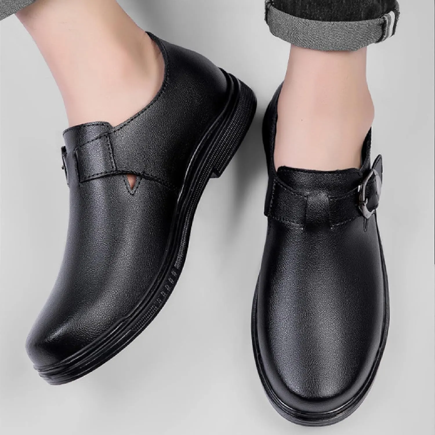 Mens Leather Buckle Strap Penny Loafers Comfort Pointed Toe Faux Fur Lining Slip On Anti-Slip Formal Flats Business Work Party Casual Shoes