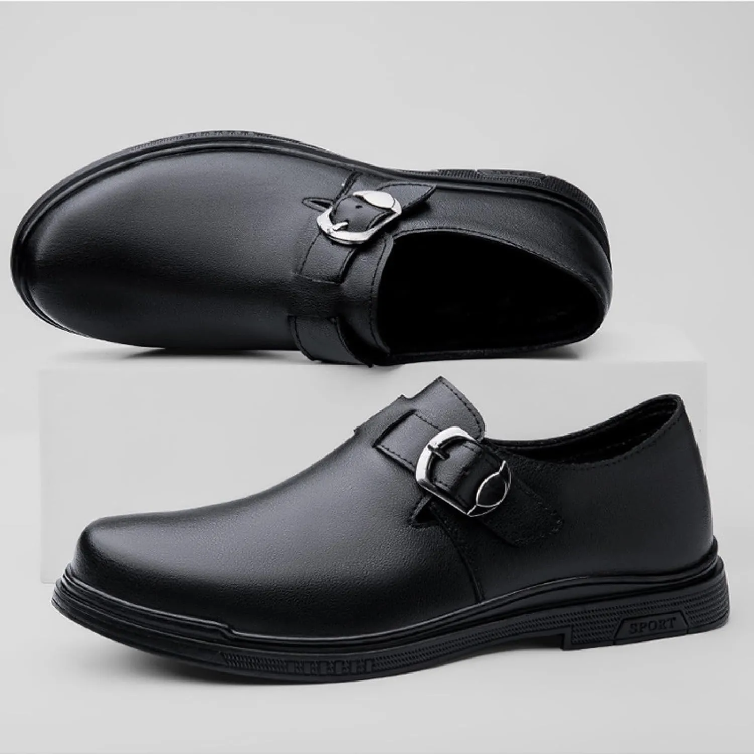 Mens Leather Buckle Strap Penny Loafers Comfort Pointed Toe Faux Fur Lining Slip On Anti-Slip Formal Flats Business Work Party Casual Shoes