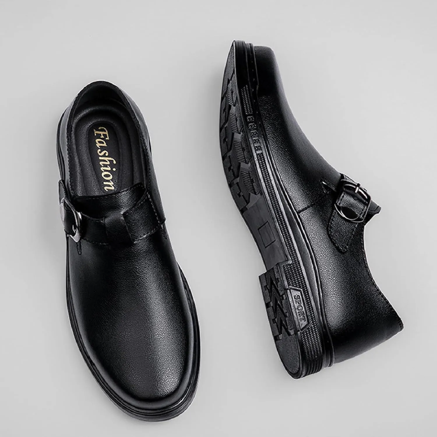 Mens Leather Buckle Strap Penny Loafers Comfort Pointed Toe Faux Fur Lining Slip On Anti-Slip Formal Flats Business Work Party Casual Shoes