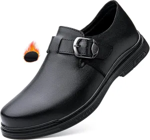 Mens Leather Buckle Strap Penny Loafers Comfort Pointed Toe Faux Fur Lining Slip On Anti-Slip Formal Flats Business Work Party Casual Shoes