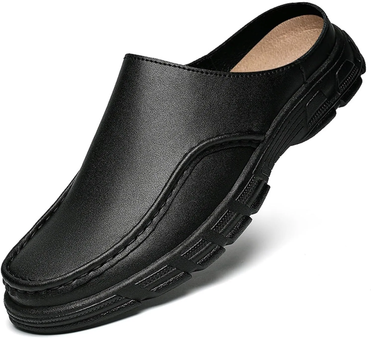 Men'S Leather Closed-Toe Thick-Soled Mules, Non-Slip, Comfortable Slip-On Casual Slippers
