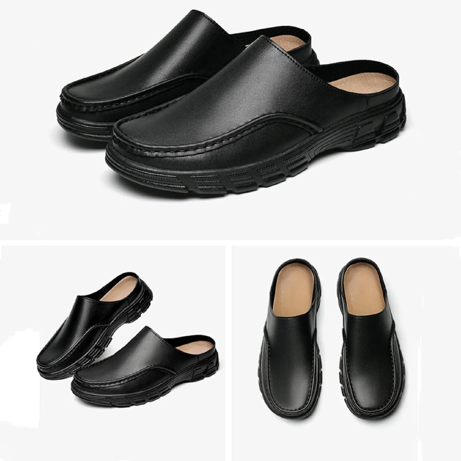 Men'S Leather Closed-Toe Thick-Soled Mules, Non-Slip, Comfortable Slip-On Casual Slippers