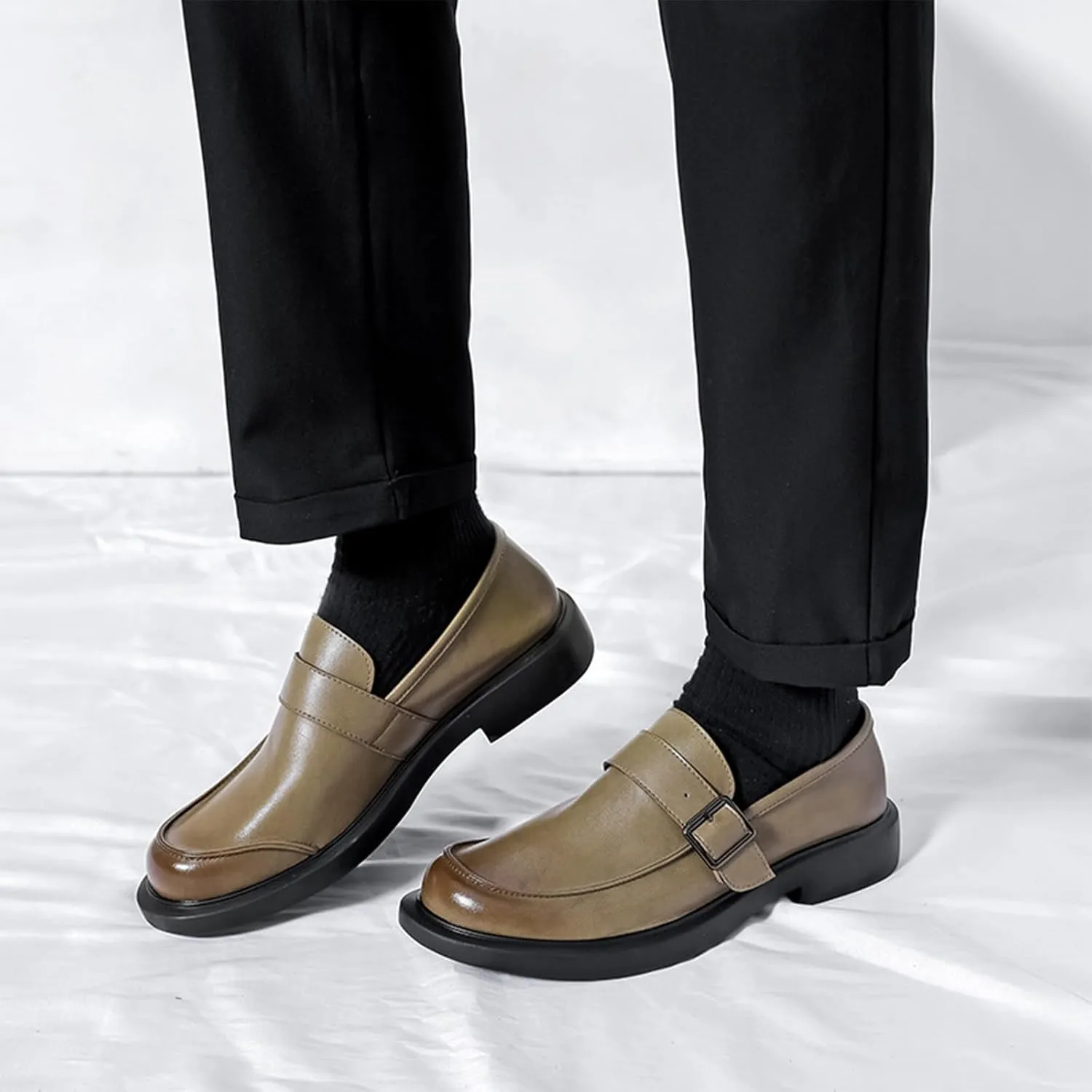 Men's Leather Slip on Monk Buckle Penny Loafers Classic Retro Leather Comfort Low Top Block Heel Non-Slip Casual Dress Business Slip Ons for Office Driving Work Walkig