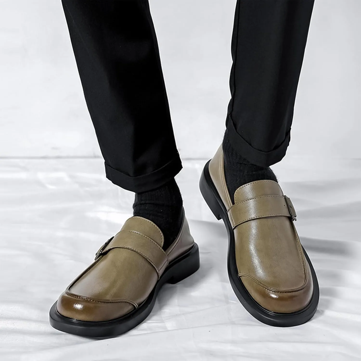 Men's Leather Slip on Monk Buckle Penny Loafers Classic Retro Leather Comfort Low Top Block Heel Non-Slip Casual Dress Business Slip Ons for Office Driving Work Walkig