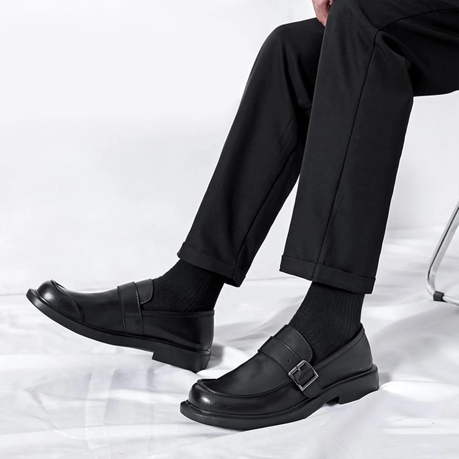 Men's Leather Slip on Monk Buckle Penny Loafers Classic Retro Leather Comfort Low Top Block Heel Non-Slip Casual Dress Business Slip Ons for Office Driving Work Walkig