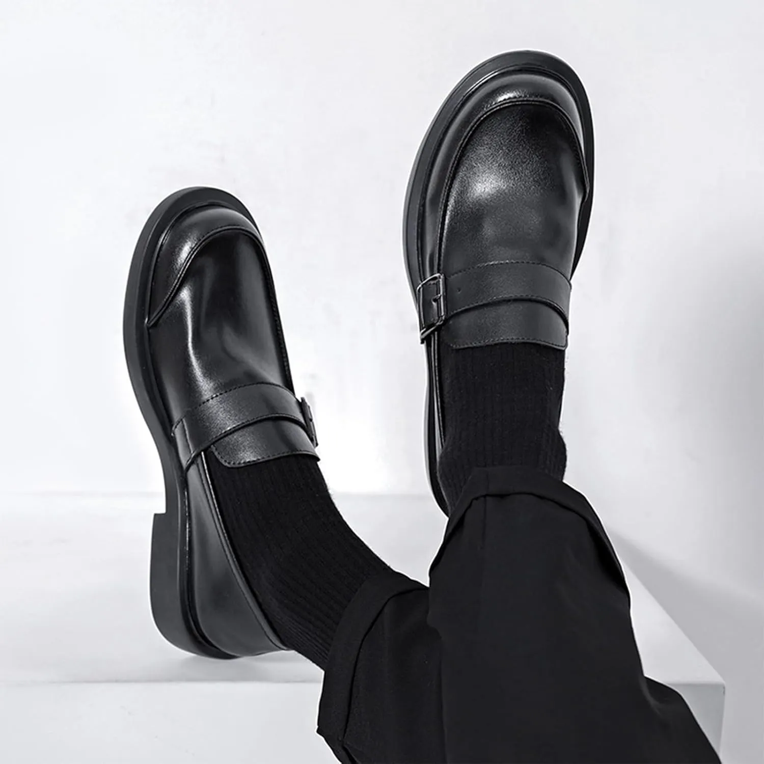 Men's Leather Slip on Monk Buckle Penny Loafers Classic Retro Leather Comfort Low Top Block Heel Non-Slip Casual Dress Business Slip Ons for Office Driving Work Walkig
