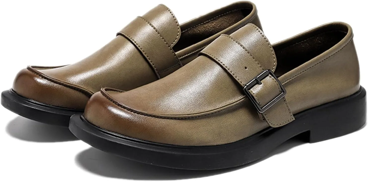 Men's Leather Slip on Monk Buckle Penny Loafers Classic Retro Leather Comfort Low Top Block Heel Non-Slip Casual Dress Business Slip Ons for Office Driving Work Walkig