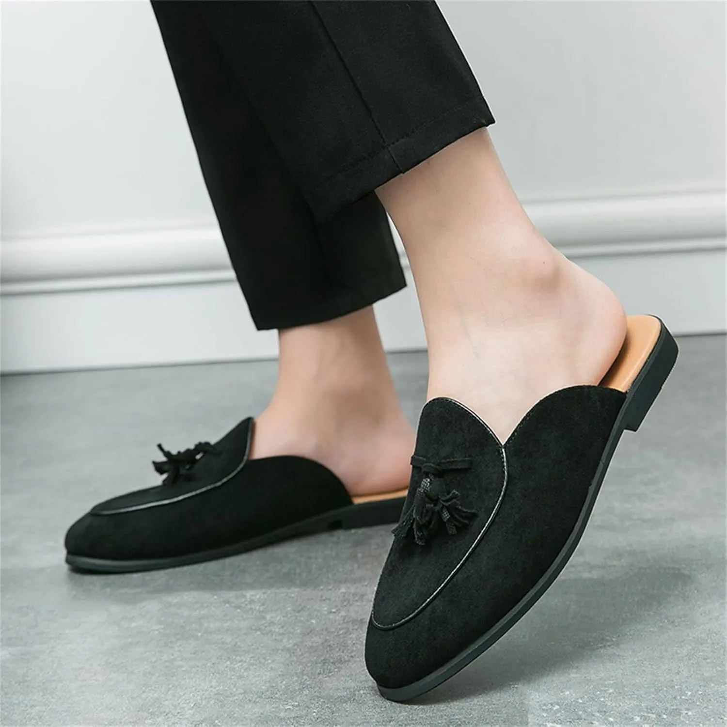 Men's Suede Tassels Slip On Mules Clog Slippers Casual Round Toe Backless Flat Dress Loafers for Formal Walking Wedding Business