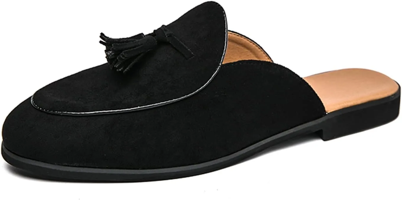 Men's Suede Tassels Slip On Mules Clog Slippers Casual Round Toe Backless Flat Dress Loafers for Formal Walking Wedding Business