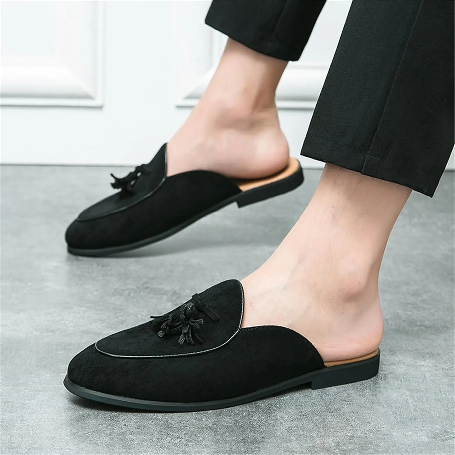 Men's Suede Tassels Slip On Mules Clog Slippers Casual Round Toe Backless Flat Dress Loafers for Formal Walking Wedding Business