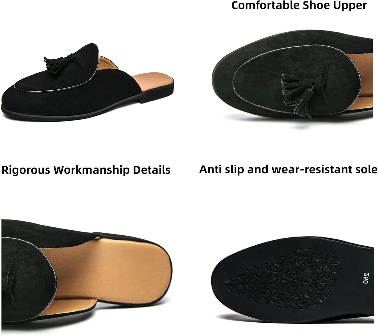 Men's Suede Tassels Slip On Mules Clog Slippers Casual Round Toe Backless Flat Dress Loafers for Formal Walking Wedding Business