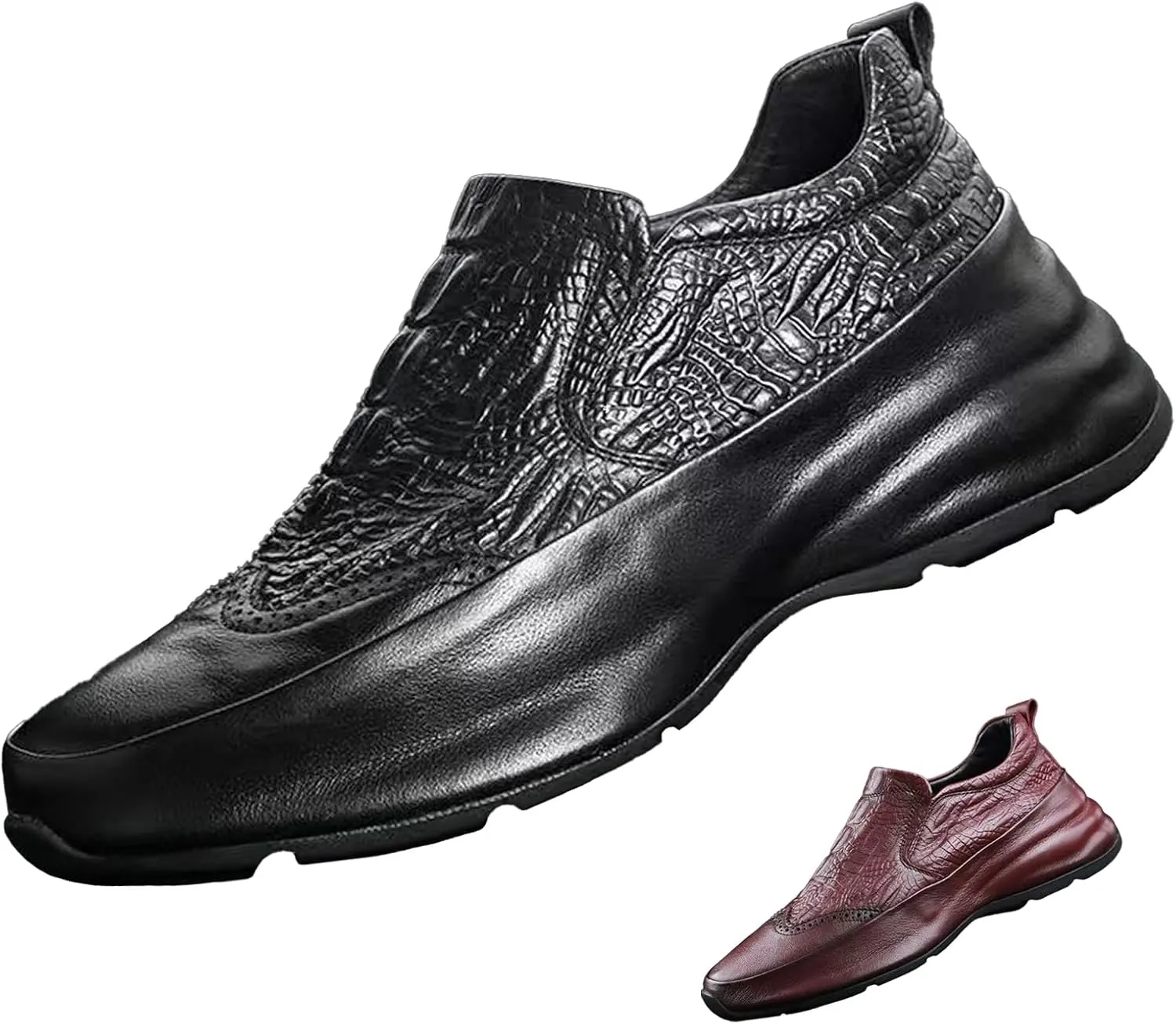 Men's Texture Loafer Shoes Genuine Leather Lightweight Non-Slip Walking Sneakers Slip-On Casual Dress Shoes