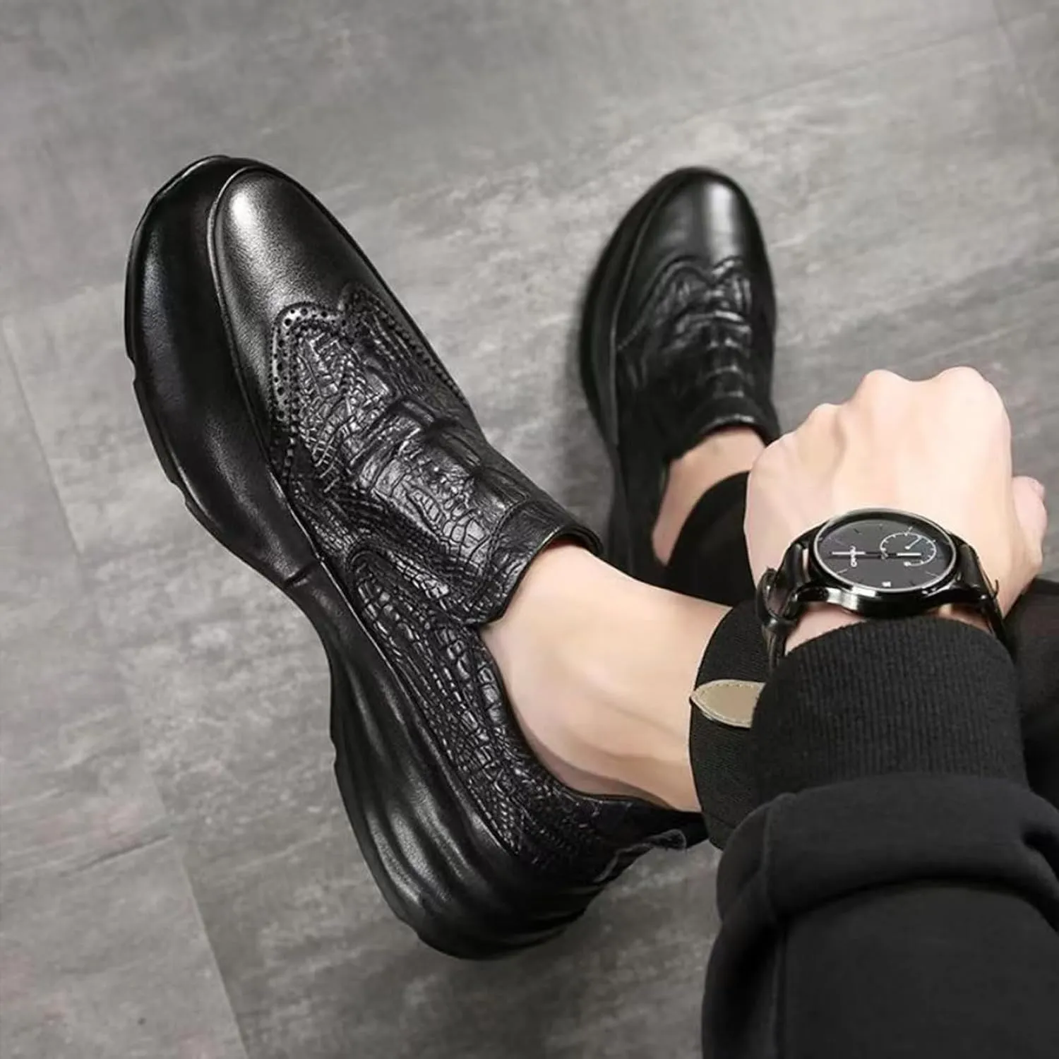 Men's Texture Loafer Shoes Genuine Leather Lightweight Non-Slip Walking Sneakers Slip-On Casual Dress Shoes