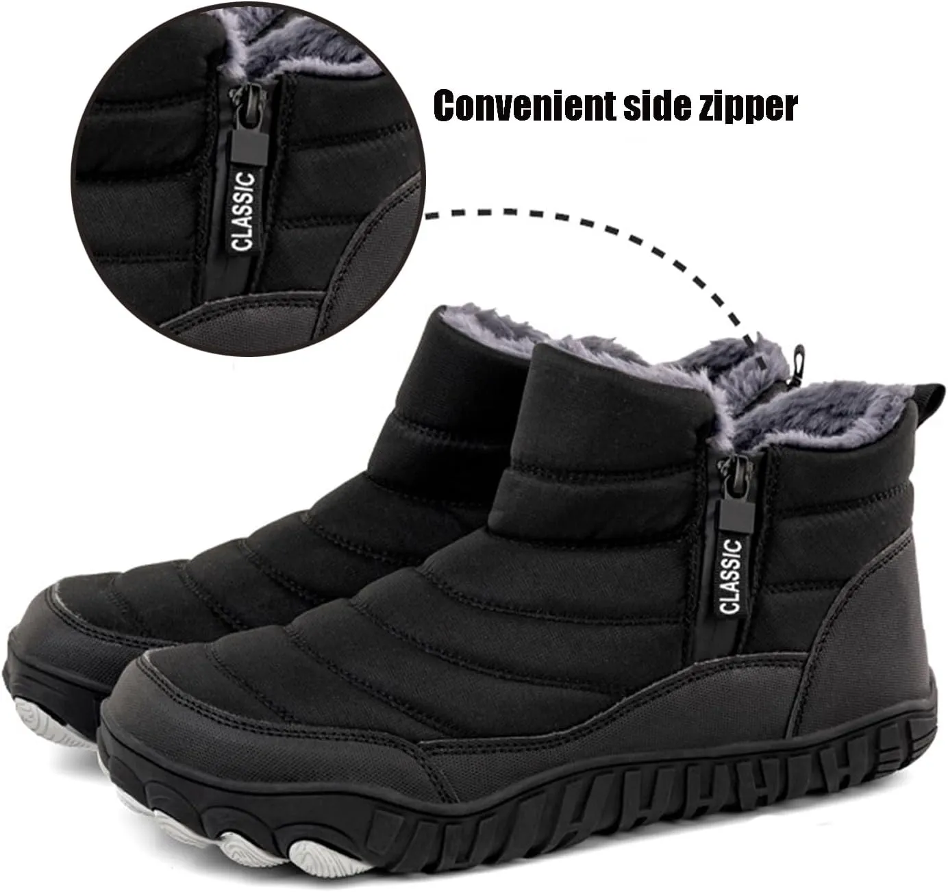 Mens Waterproof Warm Slip-On Snow Boots with Side Zipper Winter Fur Lined Non-Slip Outdoor Comfortable Walking Shoes