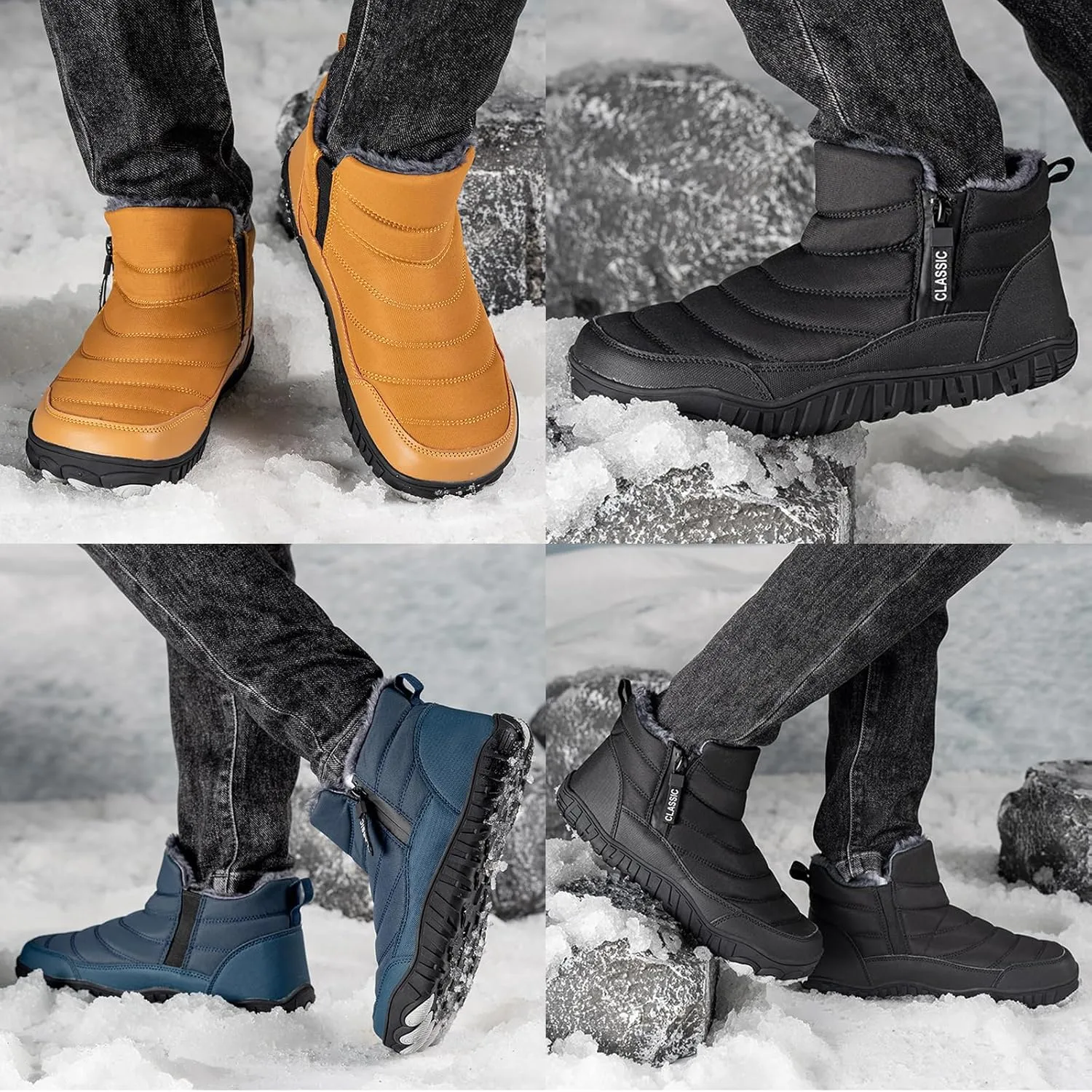 Mens Waterproof Warm Slip-On Snow Boots with Side Zipper Winter Fur Lined Non-Slip Outdoor Comfortable Walking Shoes