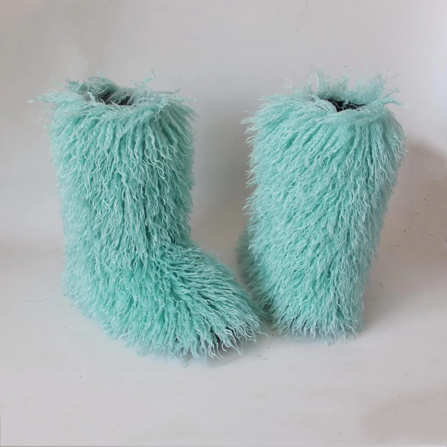 MH Bailment Women's Faux Curly Fur Boots Fuzzy Fluffy Furry Mid-Calf Snow Boots Round Toe Suede Winter Warm Flat Boots Multicolor
