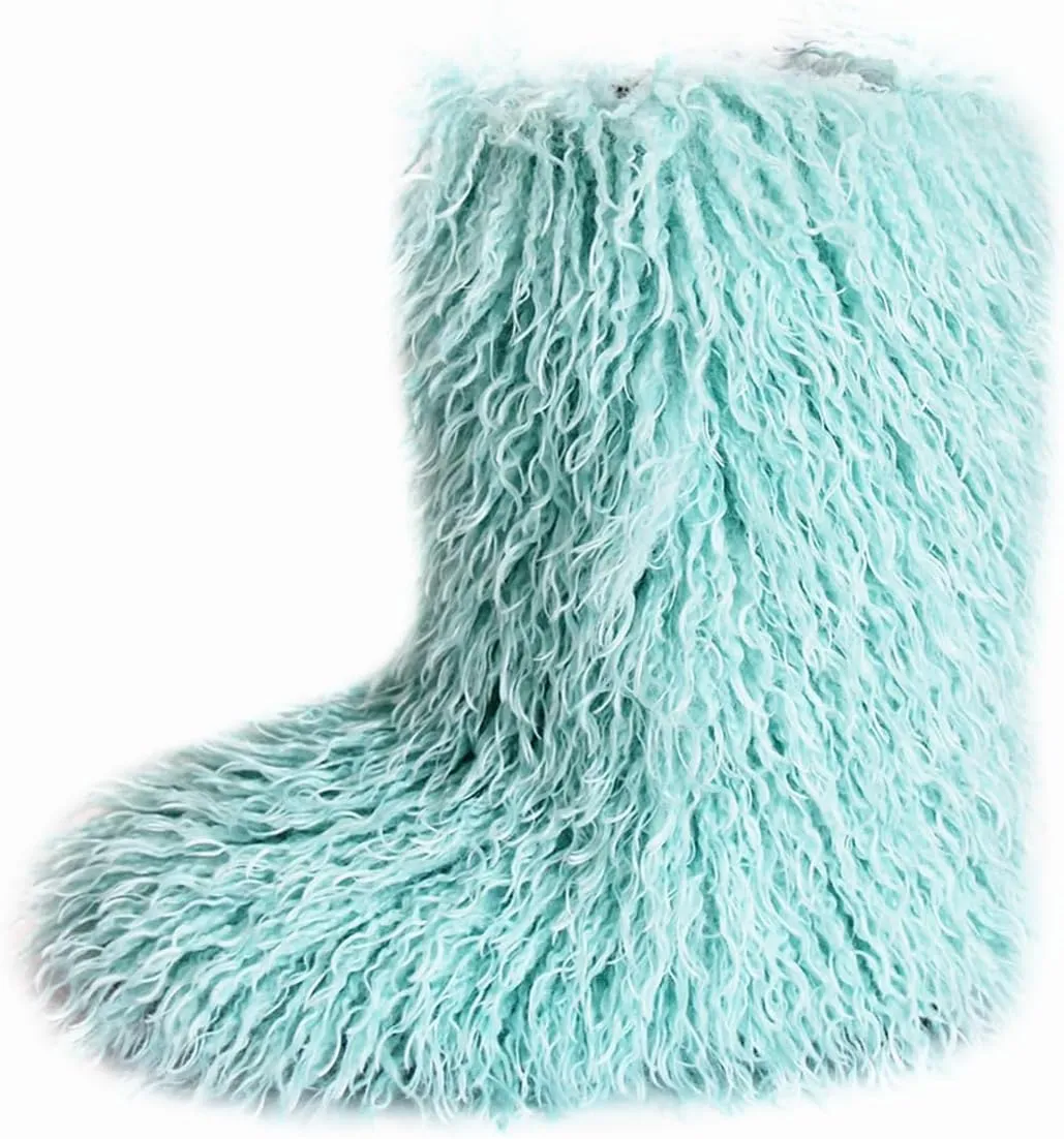 MH Bailment Women's Faux Curly Fur Boots Fuzzy Fluffy Furry Mid-Calf Snow Boots Round Toe Suede Winter Warm Flat Boots Multicolor
