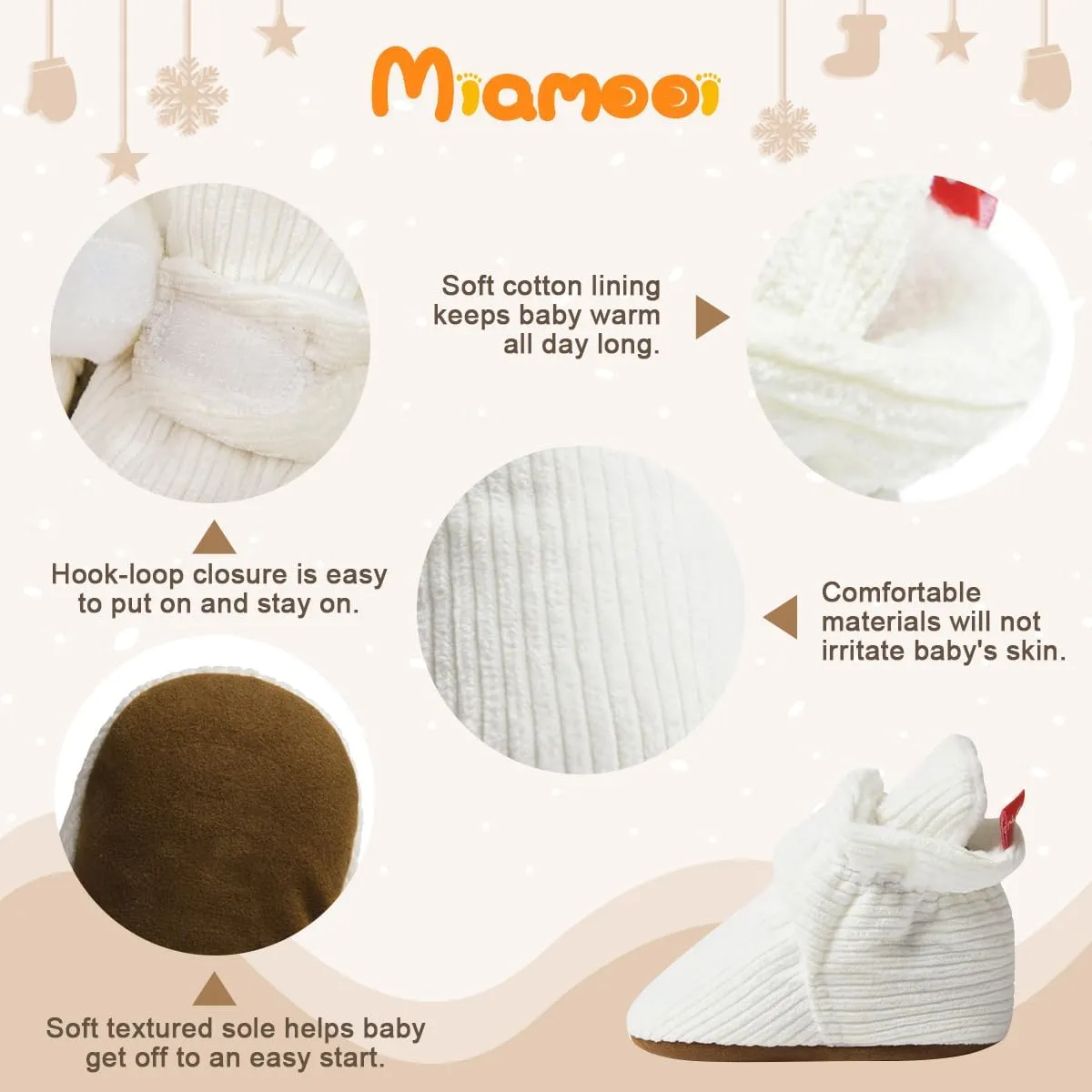 Miamooi Infant Baby Girls Boys Cotton Booties Newborn Winter Warm Fleece Cozy Slippers Toddler Non-Slip Ankle Boots First Walker Crib House Socks Shoes 3-18 Months
