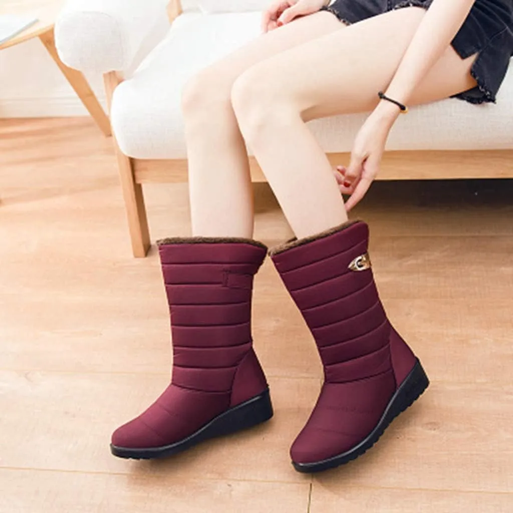 MIOKE Women's Waterproof Rain Mid Wide Calf Snow Boots Warm Fur Lightweight Slip On Winter Cold Weather Boot