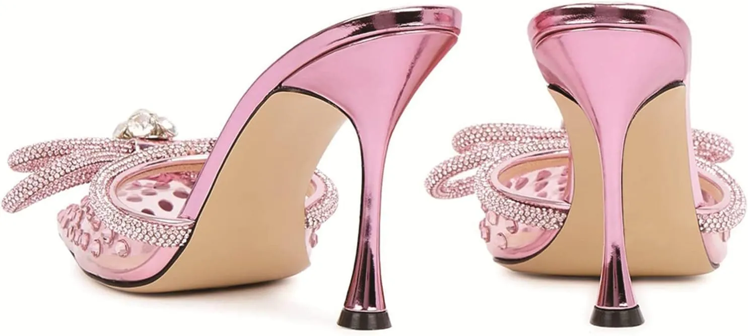 MIRAAZZURRA Women High Heeled Mules Clear PVC Pointed Toe Double Bow Rhinestones Embellished Wedding Sandals Stiletto Backless Slip On Summer Bridal Shoes