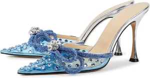 MIRAAZZURRA Women High Heeled Mules Clear PVC Pointed Toe Double Bow Rhinestones Embellished Wedding Sandals Stiletto Backless Slip On Summer Bridal Shoes