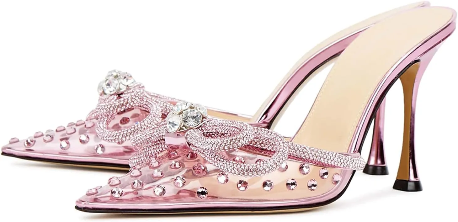 MIRAAZZURRA Women High Heeled Mules Clear PVC Pointed Toe Double Bow Rhinestones Embellished Wedding Sandals Stiletto Backless Slip On Summer Bridal Shoes