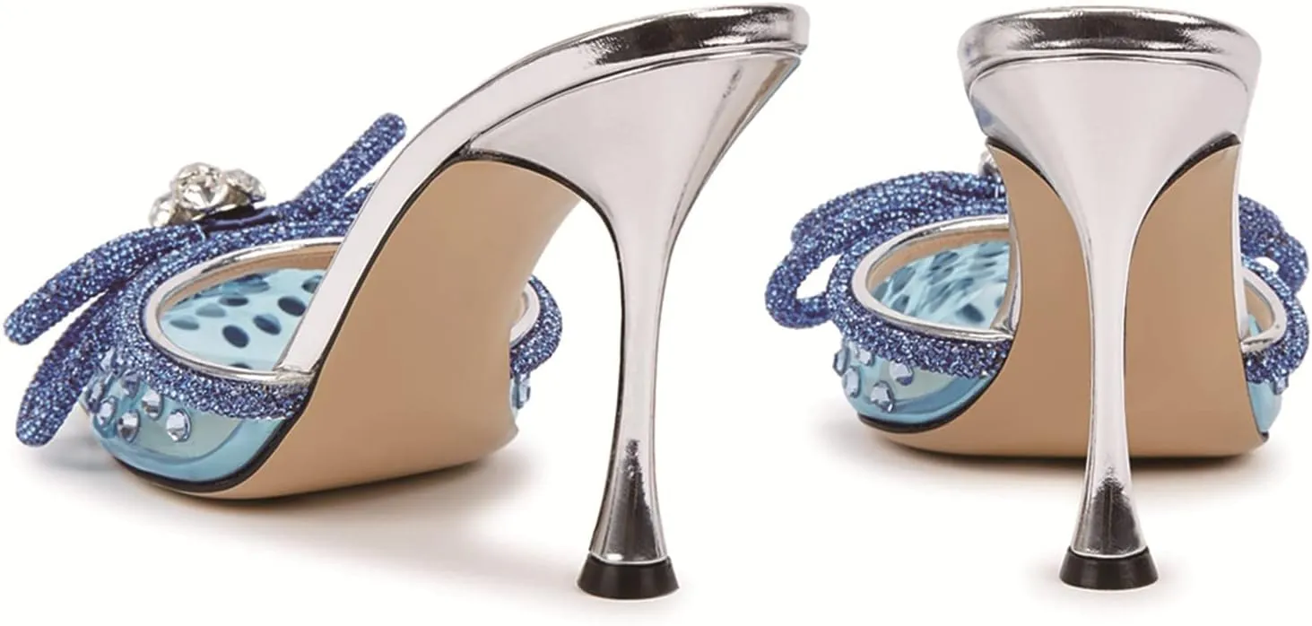 MIRAAZZURRA Women High Heeled Mules Clear PVC Pointed Toe Double Bow Rhinestones Embellished Wedding Sandals Stiletto Backless Slip On Summer Bridal Shoes
