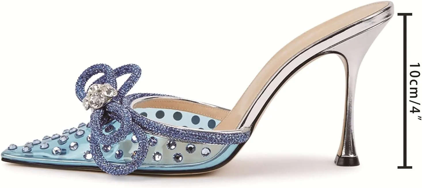 MIRAAZZURRA Women High Heeled Mules Clear PVC Pointed Toe Double Bow Rhinestones Embellished Wedding Sandals Stiletto Backless Slip On Summer Bridal Shoes