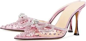 MIRAAZZURRA Women High Heeled Mules Clear PVC Pointed Toe Double Bow Rhinestones Embellished Wedding Sandals Stiletto Backless Slip On Summer Bridal Shoes