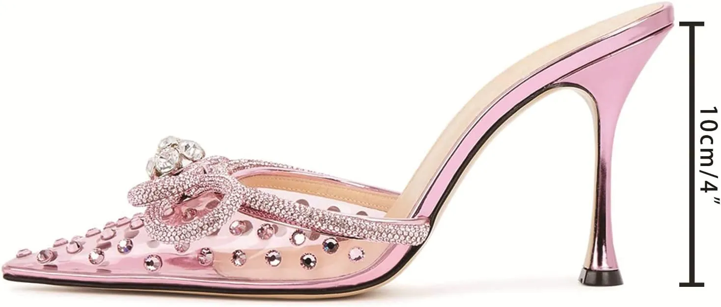 MIRAAZZURRA Women High Heeled Mules Clear PVC Pointed Toe Double Bow Rhinestones Embellished Wedding Sandals Stiletto Backless Slip On Summer Bridal Shoes