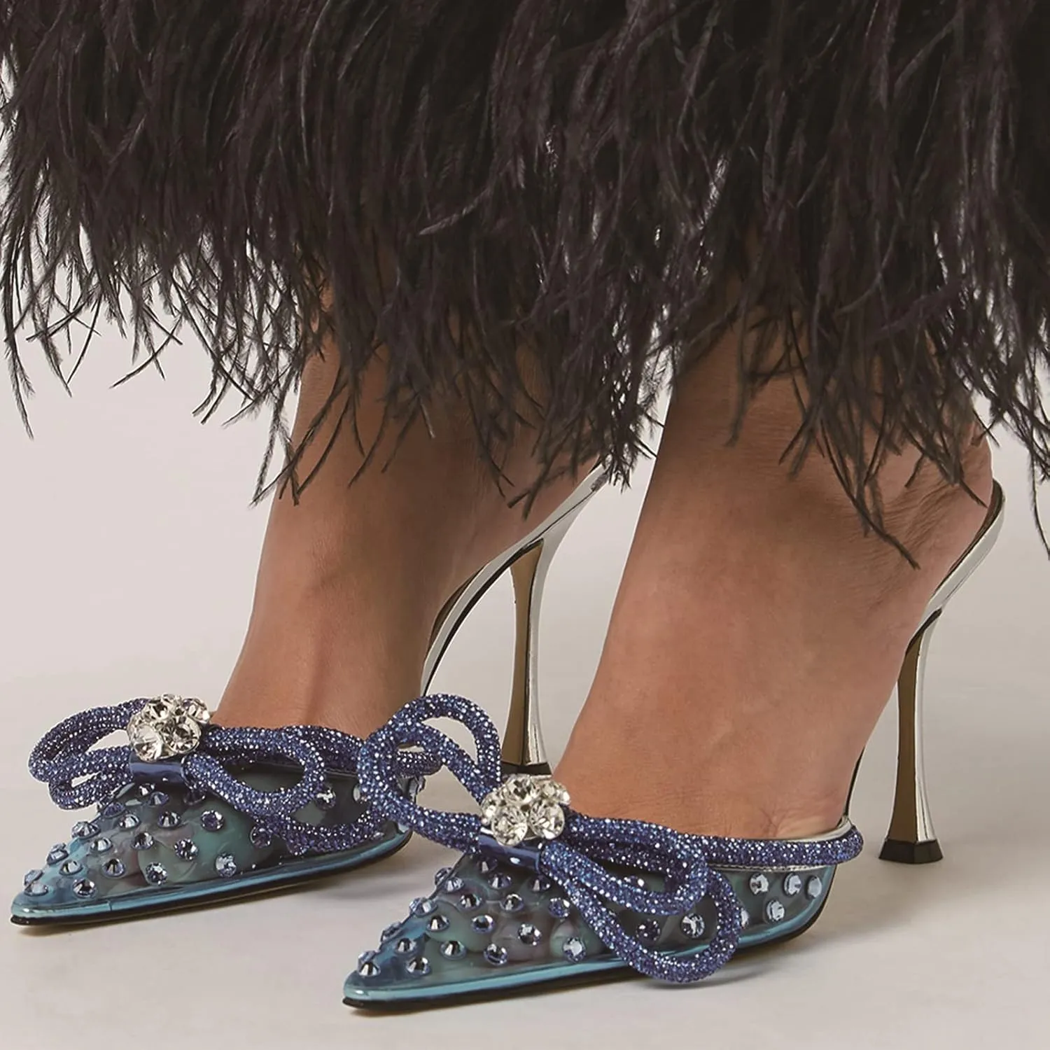 MIRAAZZURRA Women High Heeled Mules Clear PVC Pointed Toe Double Bow Rhinestones Embellished Wedding Sandals Stiletto Backless Slip On Summer Bridal Shoes
