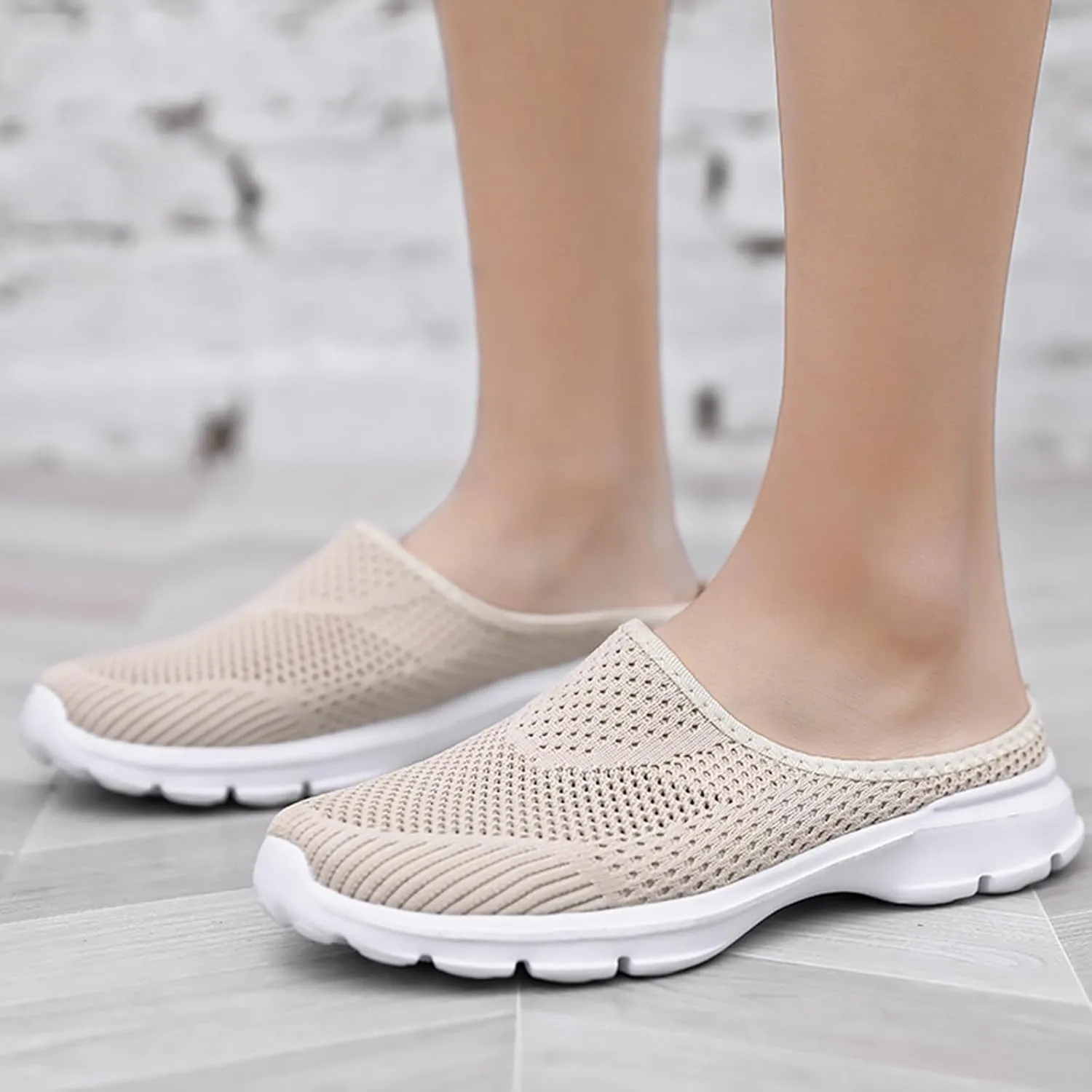 Mmoneyake Mules for Women Shoes Slip On Sneakers Lightweight Breathable Comfortable Walking Shoes Knit Flats Light Open Back Shoe Closed Toe Slides Mesh Air Cushion Orthopedic Diabetic Shoe