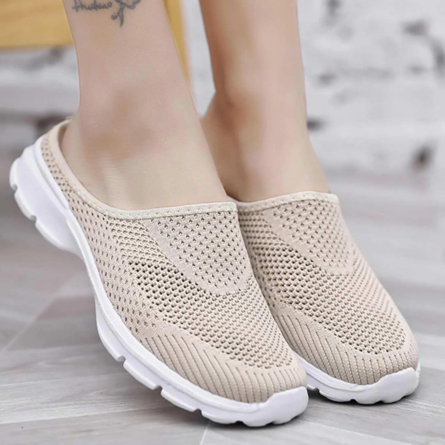 Mmoneyake Mules for Women Shoes Slip On Sneakers Lightweight Breathable Comfortable Walking Shoes Knit Flats Light Open Back Shoe Closed Toe Slides Mesh Air Cushion Orthopedic Diabetic Shoe