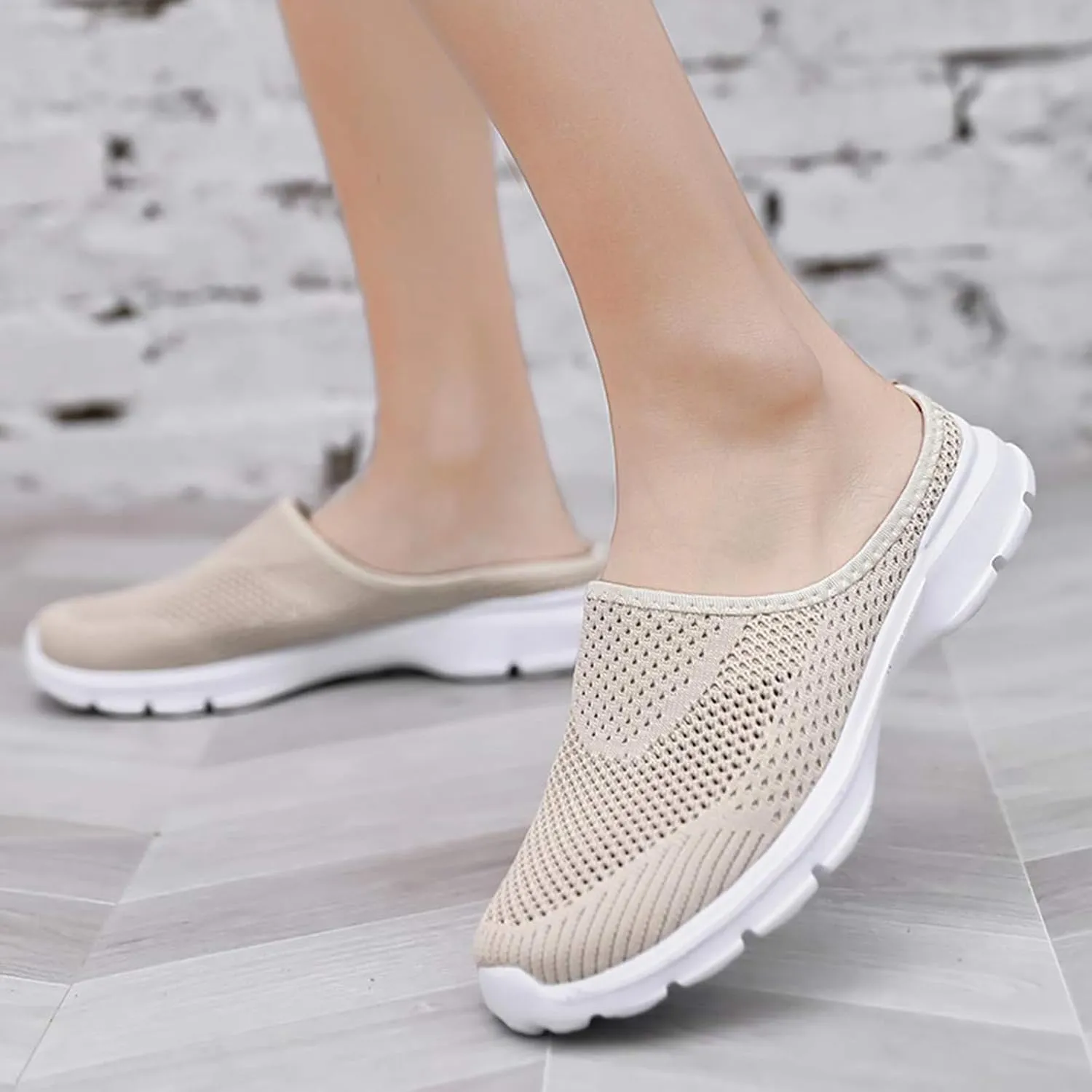 Mmoneyake Mules for Women Shoes Slip On Sneakers Lightweight Breathable Comfortable Walking Shoes Knit Flats Light Open Back Shoe Closed Toe Slides Mesh Air Cushion Orthopedic Diabetic Shoe