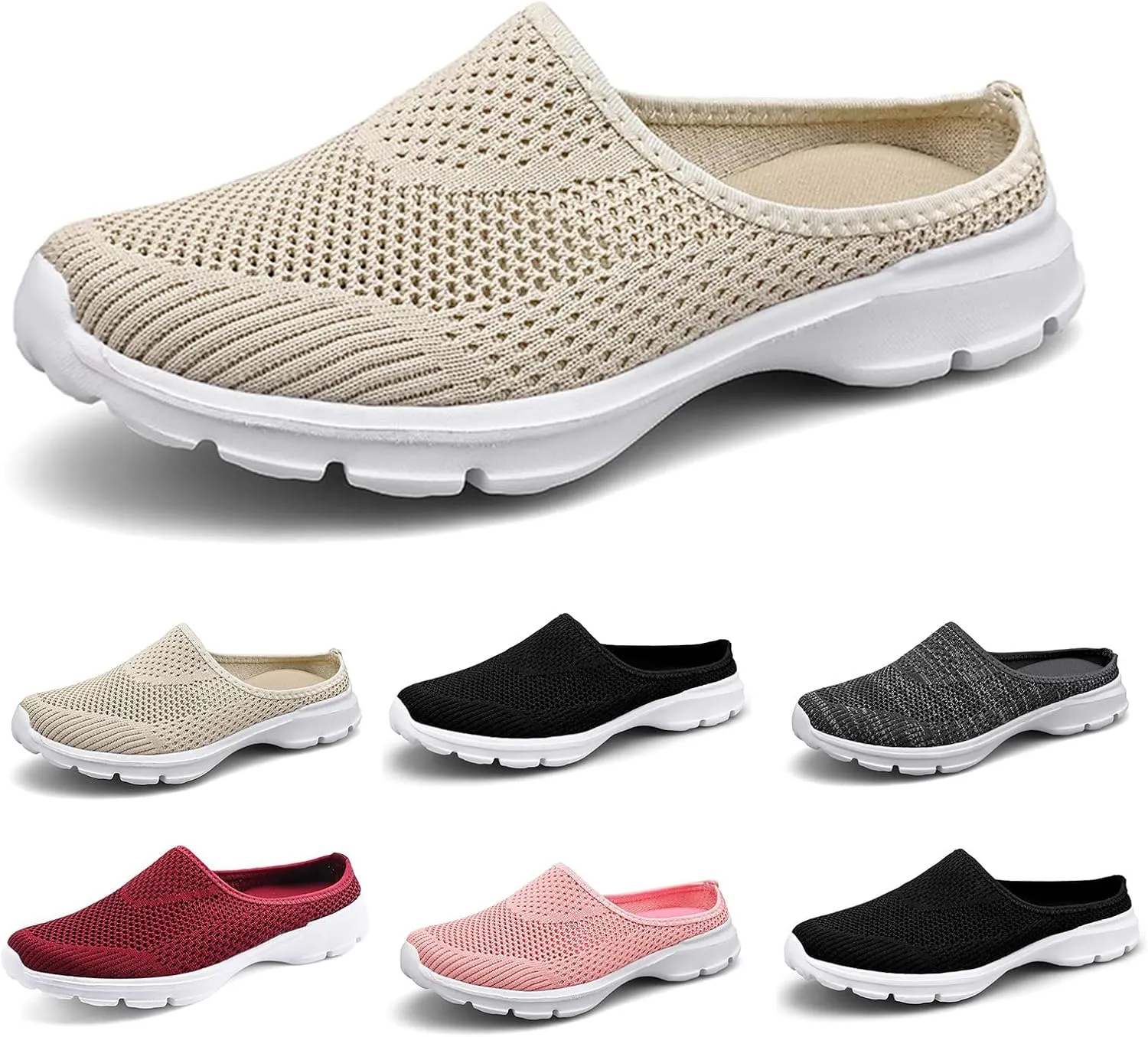 Mmoneyake Mules for Women Shoes Slip On Sneakers Lightweight Breathable Comfortable Walking Shoes Knit Flats Light Open Back Shoe Closed Toe Slides Mesh Air Cushion Orthopedic Diabetic Shoe
