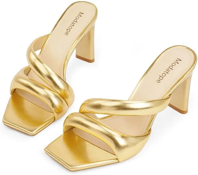 Modatope Heeled Mules for Women Square Toe Heels Chunky Block Heeled Sandals Dress Shoes