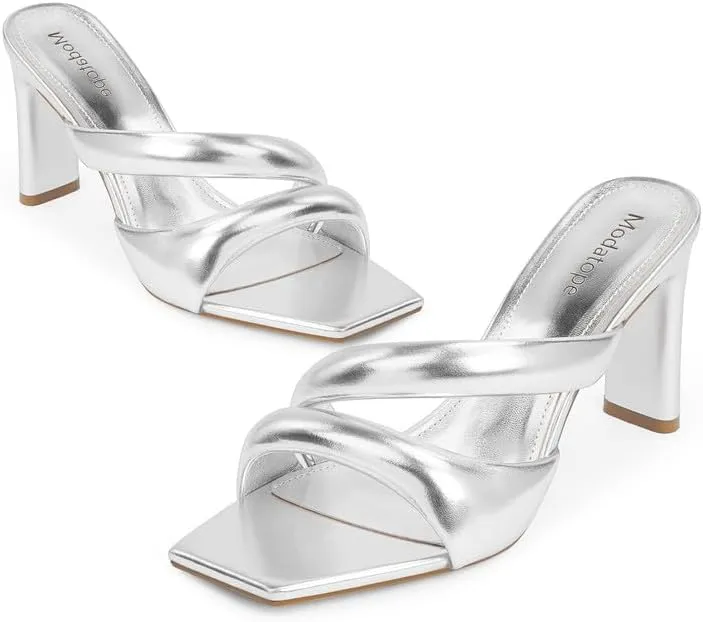 Modatope Heeled Mules for Women Square Toe Heels Chunky Block Heeled Sandals Dress Shoes