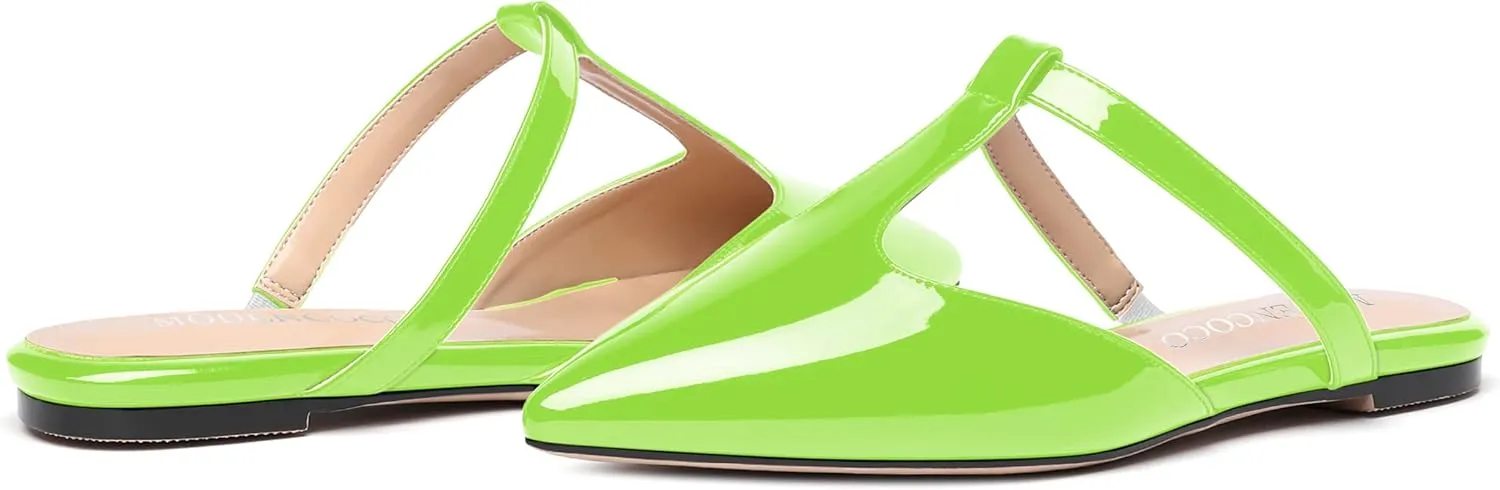 MODENCOCO Women's Casual Office T Strap Pointed Toe Slip On Patent Low Heel Backless Mules Shoes Flats