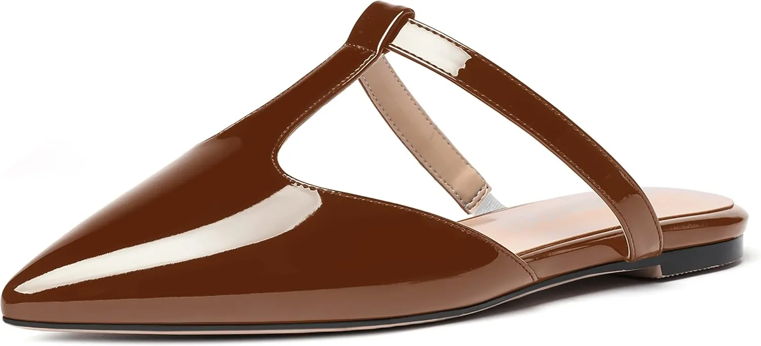 MODENCOCO Women's Casual Office T Strap Pointed Toe Slip On Patent Low Heel Backless Mules Shoes Flats