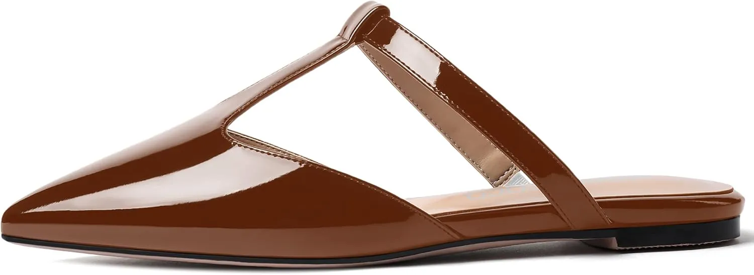 MODENCOCO Women's Casual Office T Strap Pointed Toe Slip On Patent Low Heel Backless Mules Shoes Flats