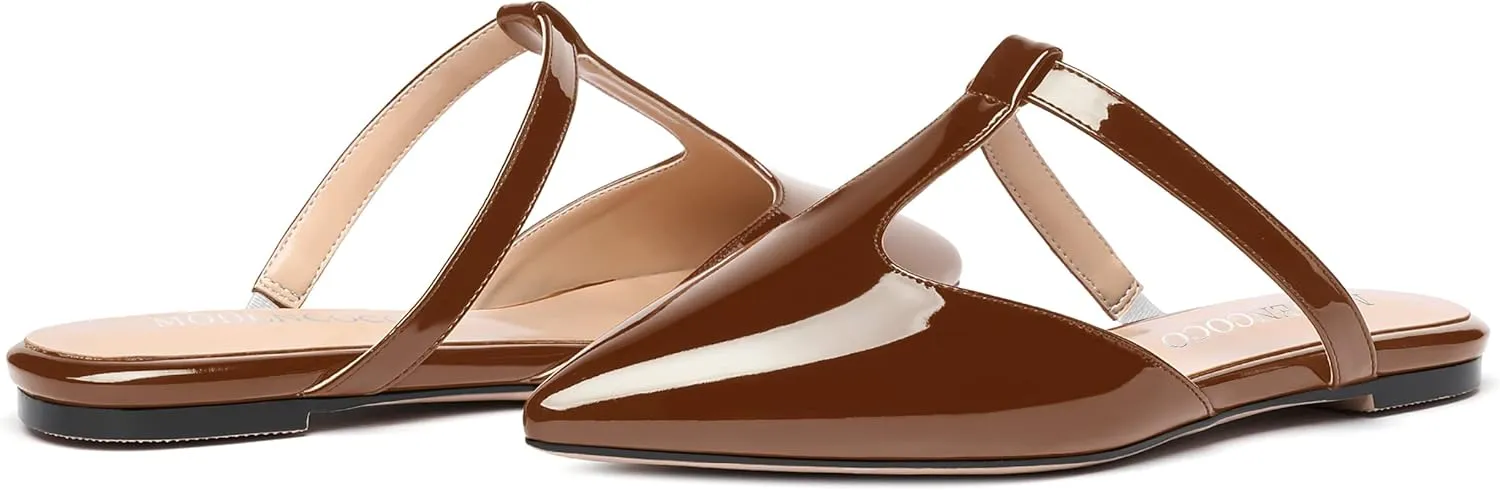 MODENCOCO Women's Casual Office T Strap Pointed Toe Slip On Patent Low Heel Backless Mules Shoes Flats