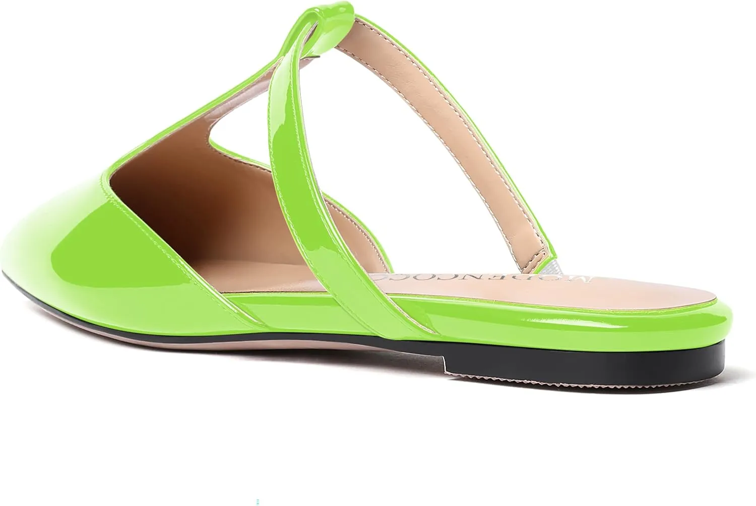 MODENCOCO Women's Casual Office T Strap Pointed Toe Slip On Patent Low Heel Backless Mules Shoes Flats